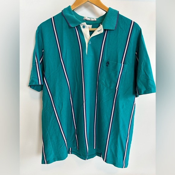 Original Penguin Other - Vintage‎ Penguin Club Vertical Stripe Polo Mens XL Teal Made in USA